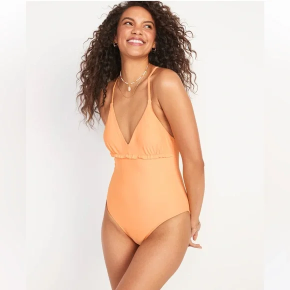 🆕 Old Navy Women’s V-Neck Ruffle-Trim Cutout One Piece Swim Swimsuit Mango 8-10 - Picture 2 of 15
